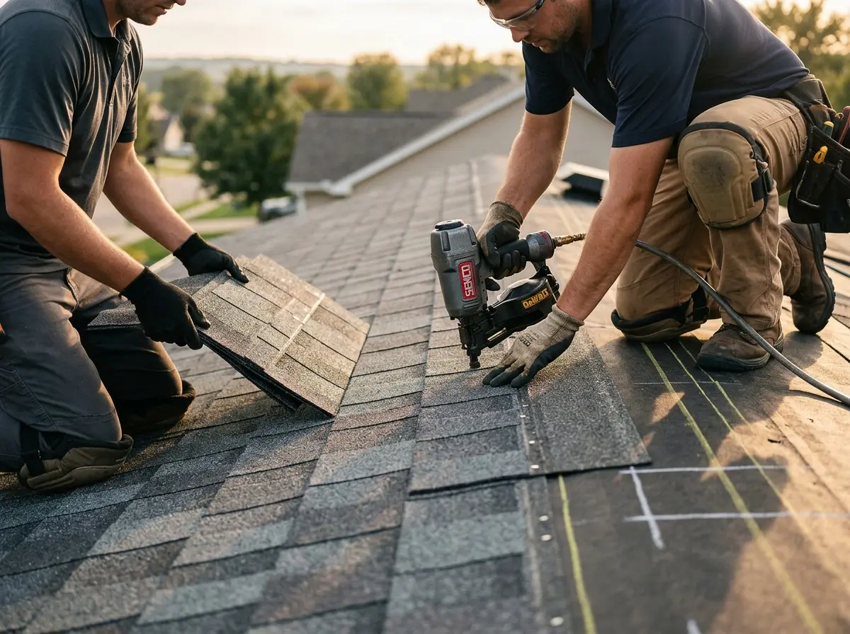 Professional roofer working on a residential roof in Le Ray